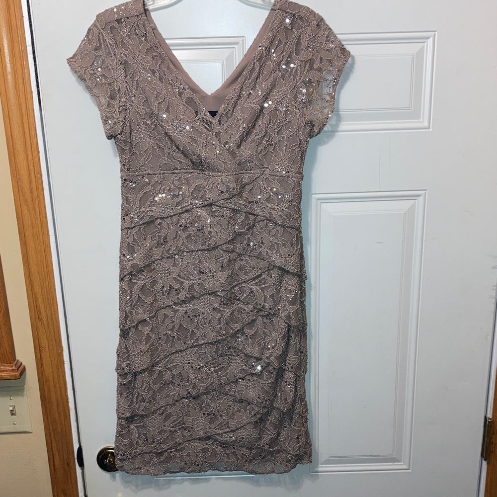 Scarlett Nite Elegant Sequin Lace V-Neck Dress in Taupe 10